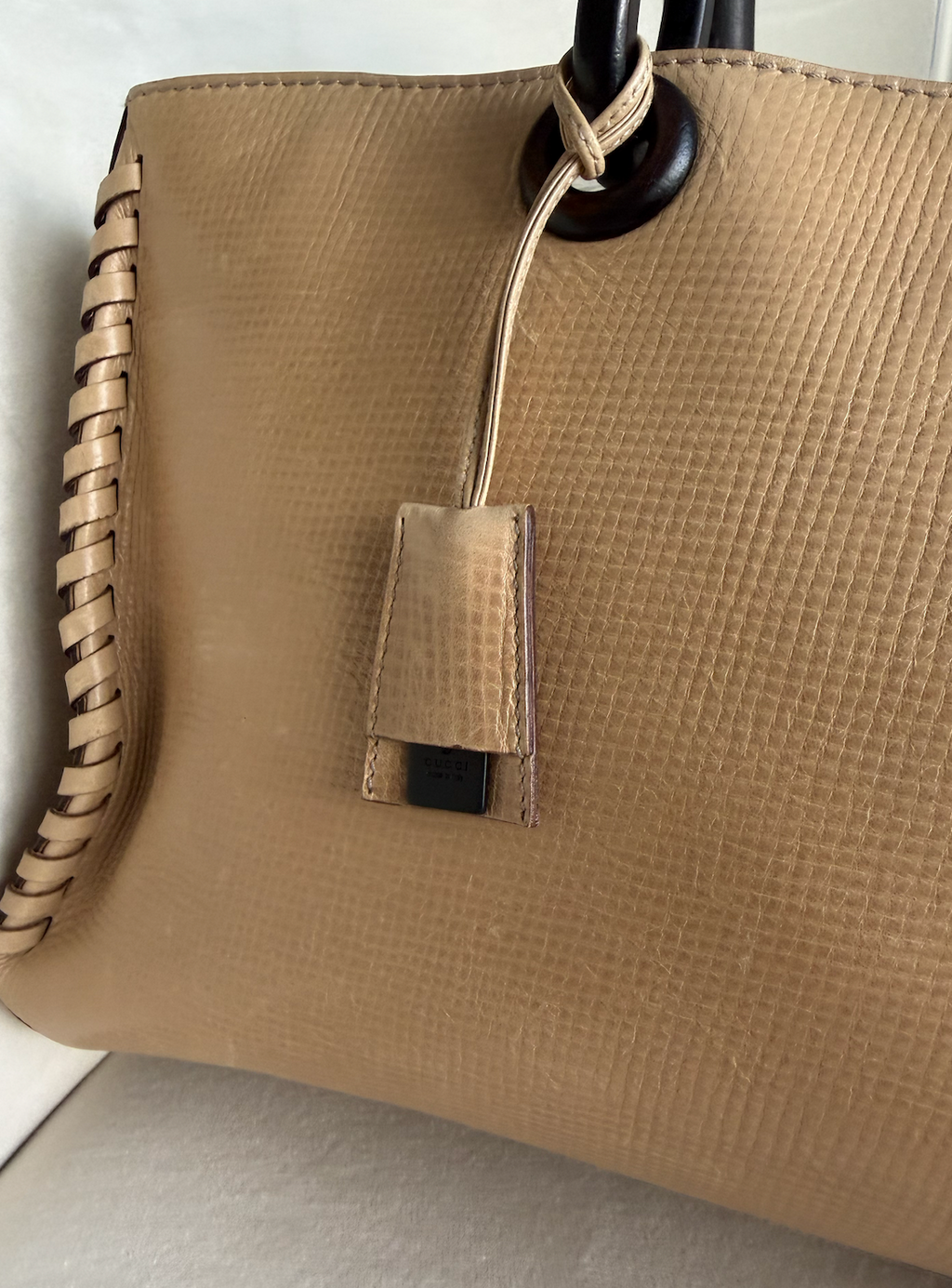 Gucci Whipstitch Wood Handle Hand Bag