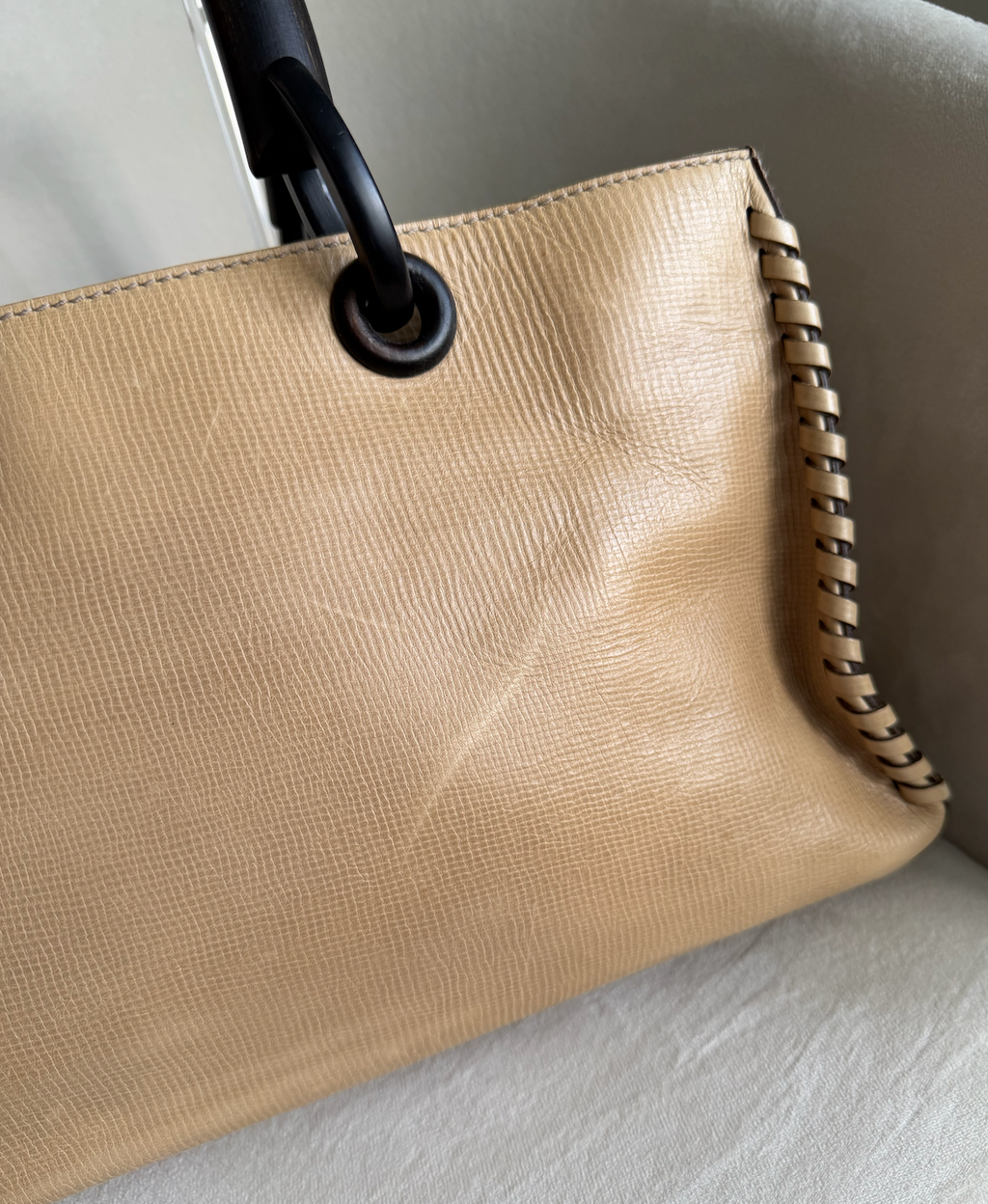 Gucci Whipstitch Wood Handle Hand Bag