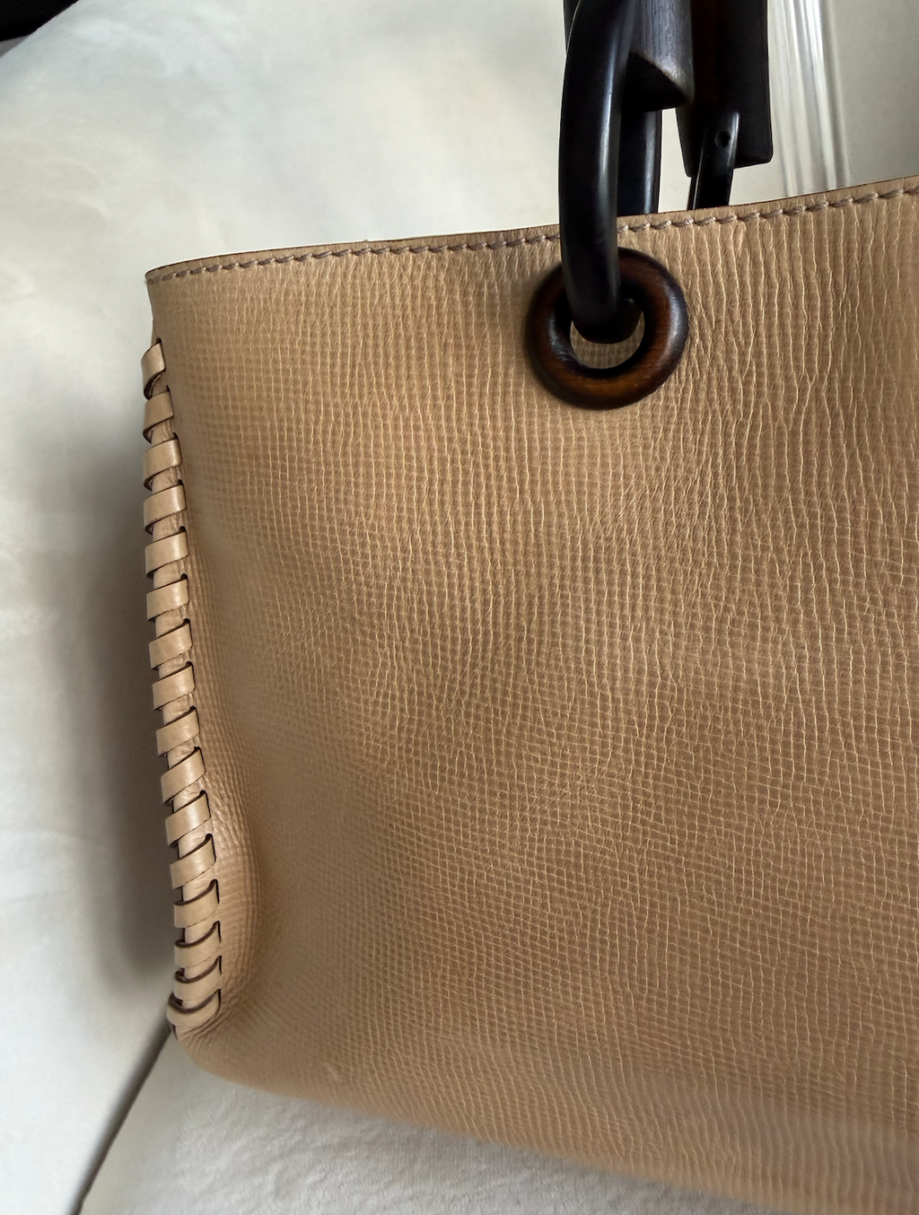 Gucci Whipstitch Wood Handle Hand Bag