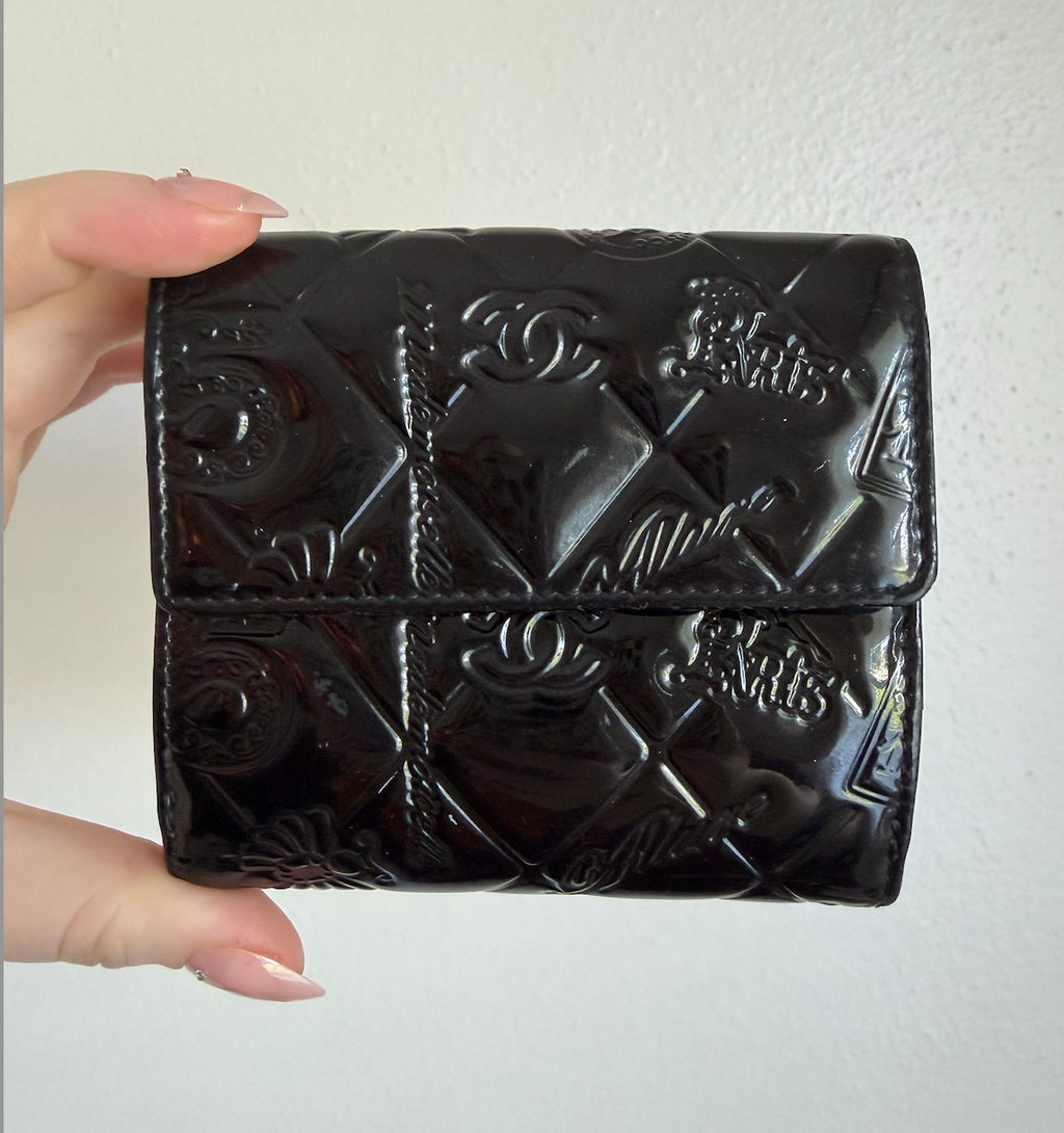 Chanel Black Patent Leather Symbols Lucky Charm Compact Wallet